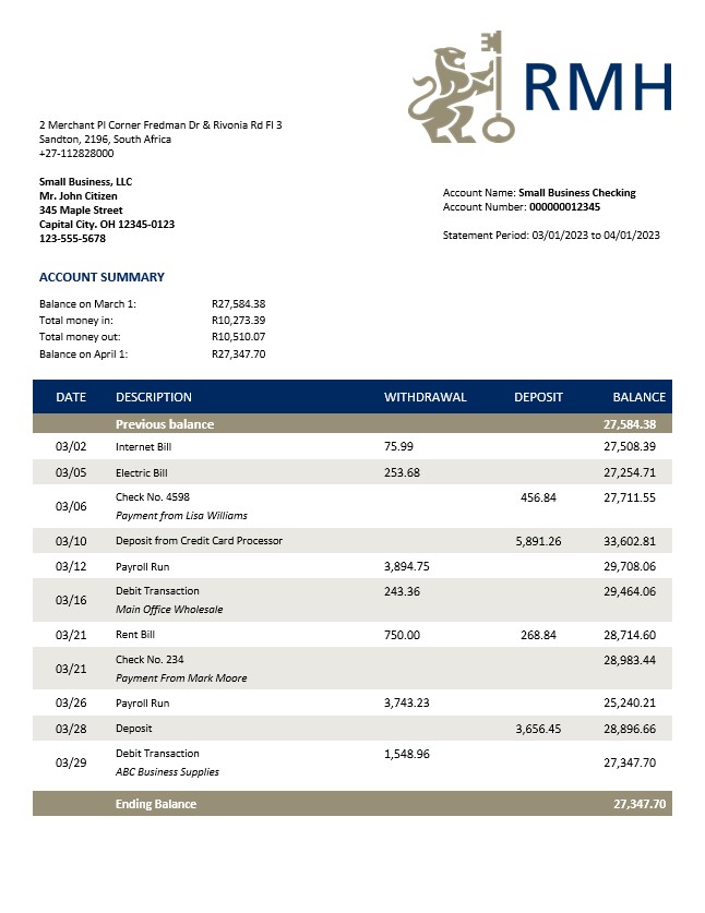 Modèle Word et PDF de relevé de compte d'entreprise Rand Merchant Bank